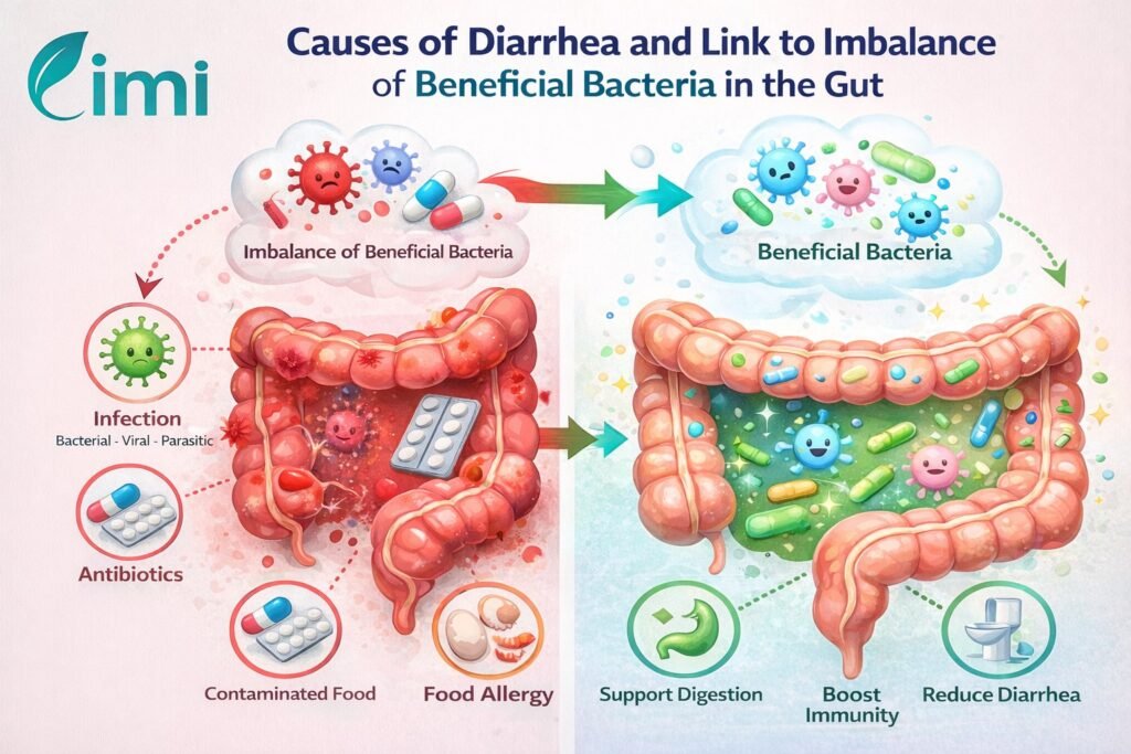 إنفوجراف بسيط يوضح أسباب الإسهال وعلاقتها باختلال البكتيريا النافعة في الأمعاء مثل العدوى والمضادات الحيوية وحساسية الطعام - العلاج بالبكبتريا النافعة