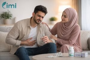 شخص يعاني من ألم بالمعدة والأمعاء مع إشارة إلى العلاج بالبكتريا النافعة ودعم توازن الأمعاء