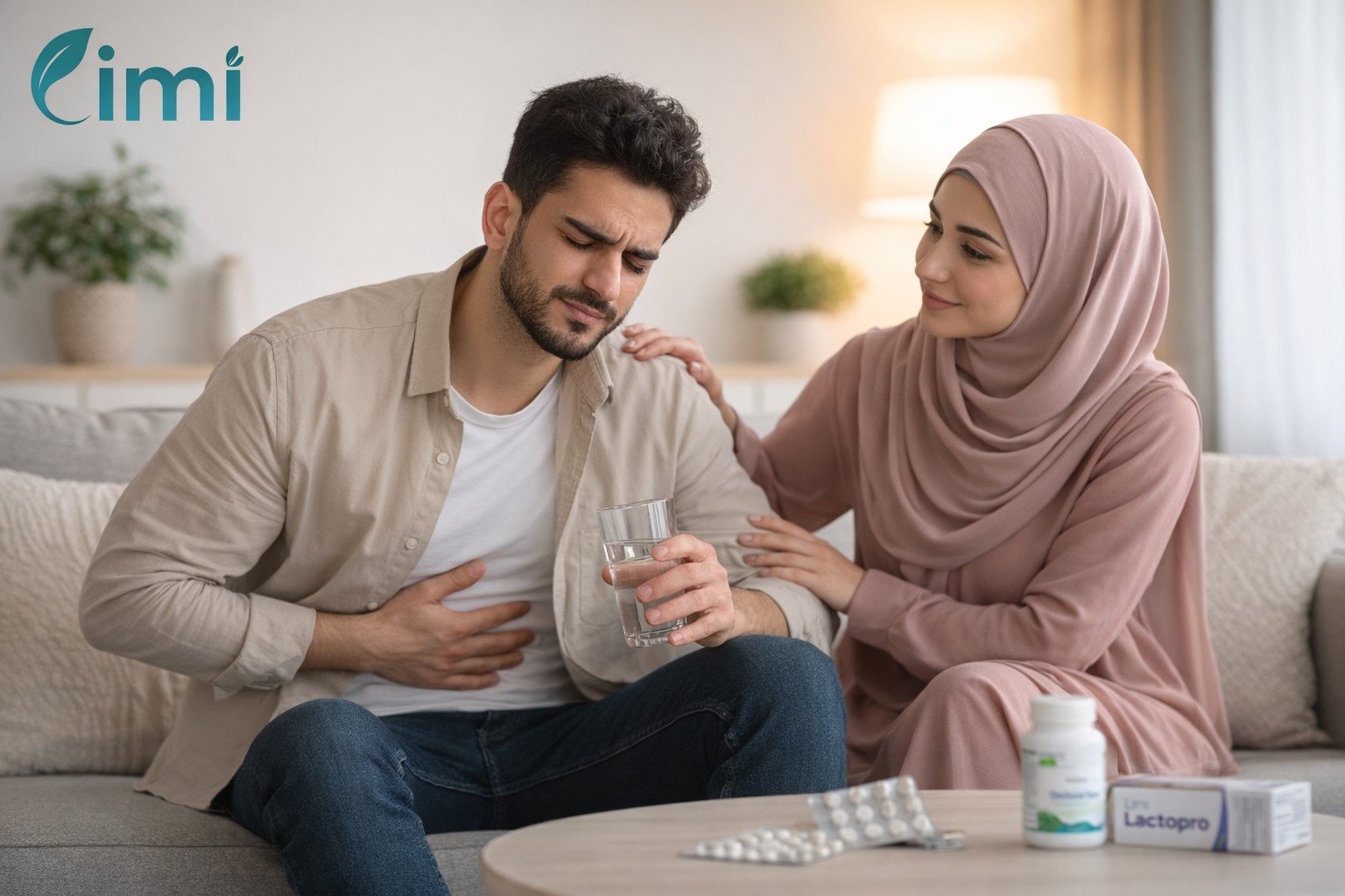 شخص يعاني من ألم بالمعدة والأمعاء مع إشارة إلى العلاج بالبكتريا النافعة ودعم توازن الأمعاء